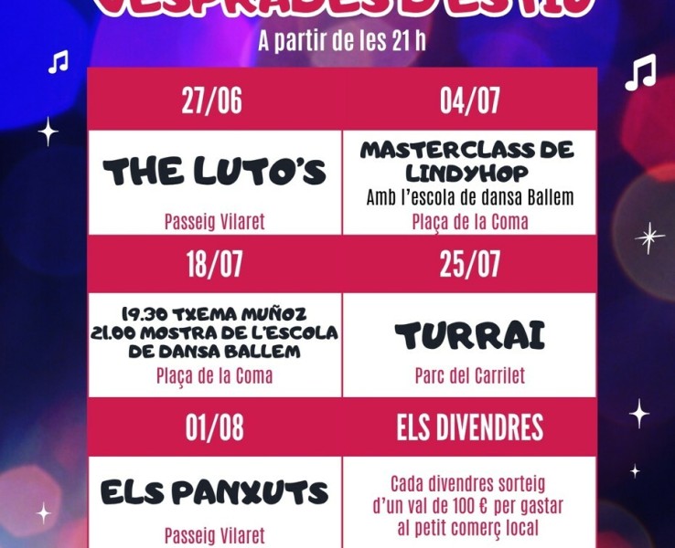 Arriben les vesprades d’estiu, cicle amb música i sorteig de vals de compra