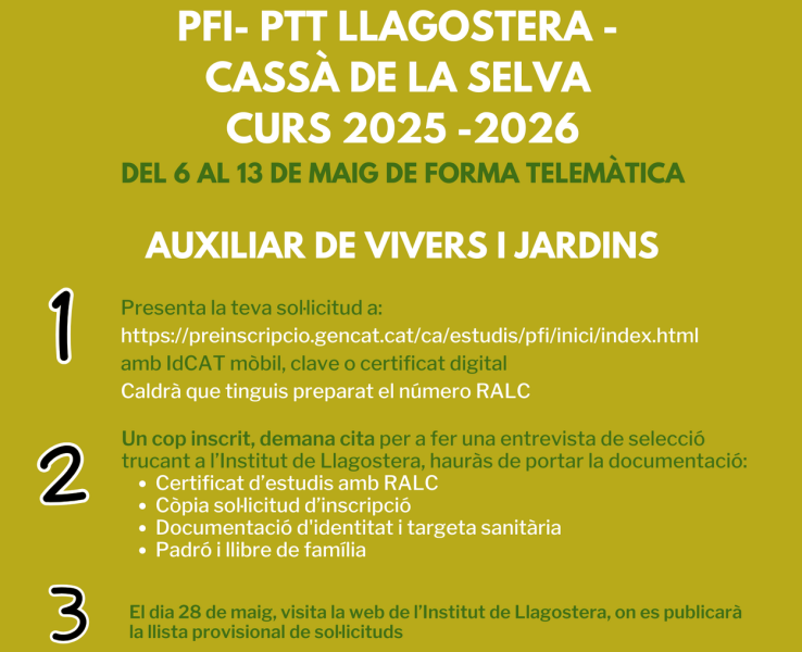 Preinscripcions al PFI-PTT auxiliar de vivers i jardins curs 2025-2026